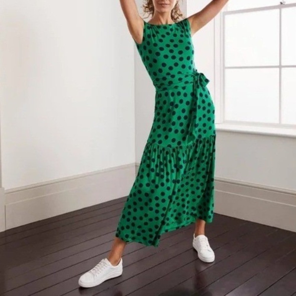 Boden Eda Tiered Jersey Maxi Dress Green Navy Polka Dot Women's Size 8